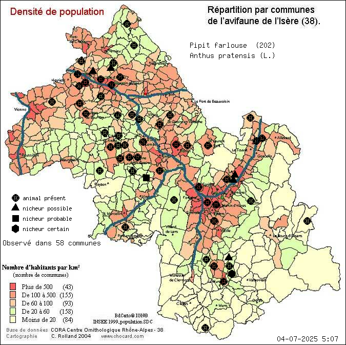 Carte de rpartition par communes en Isre d'une espce d'animal: Pipit farlouse (Anthus pratensis (L.)) selon Densit de population