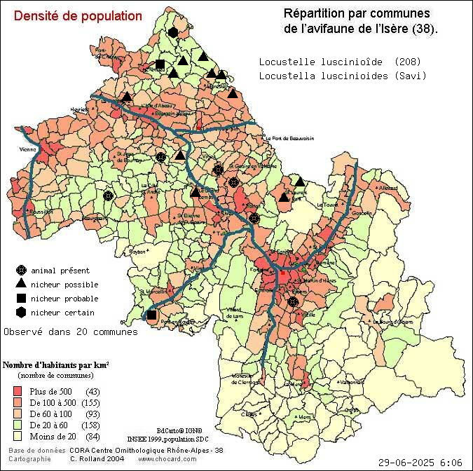 Locustelle lusciniode (Locustella luscinioides (Savi)): carte de rpartition en Isre