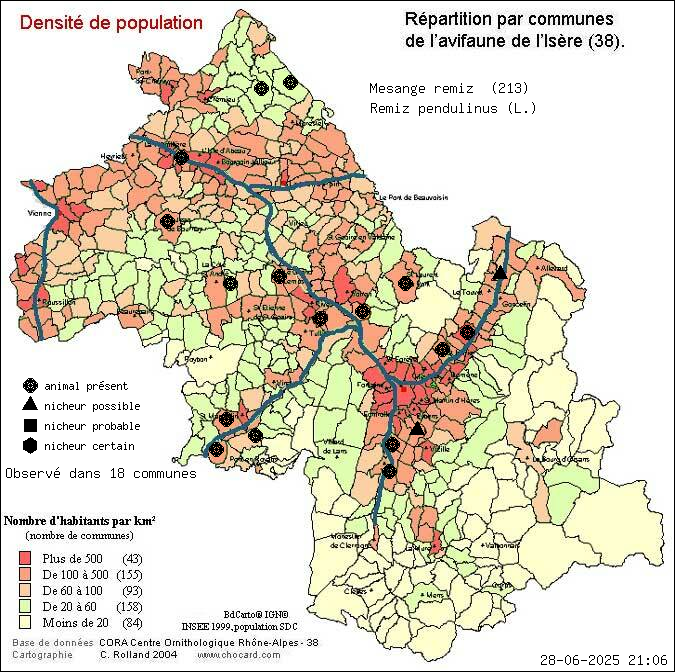 Msange rmiz (Remiz pendulinus (L.)): carte de rpartition en Isre
