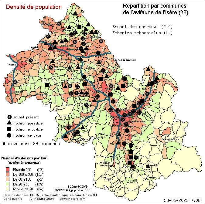 Bruant des roseaux (Emberiza schoeniclus (L.)): carte de rpartition en Isre