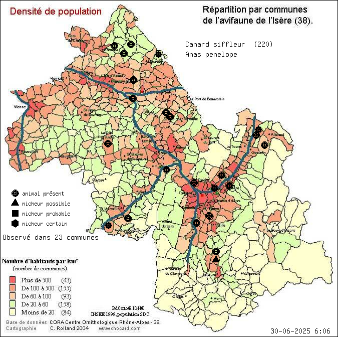 Canard siffleur (Anas penelope): carte de rpartition en Isre