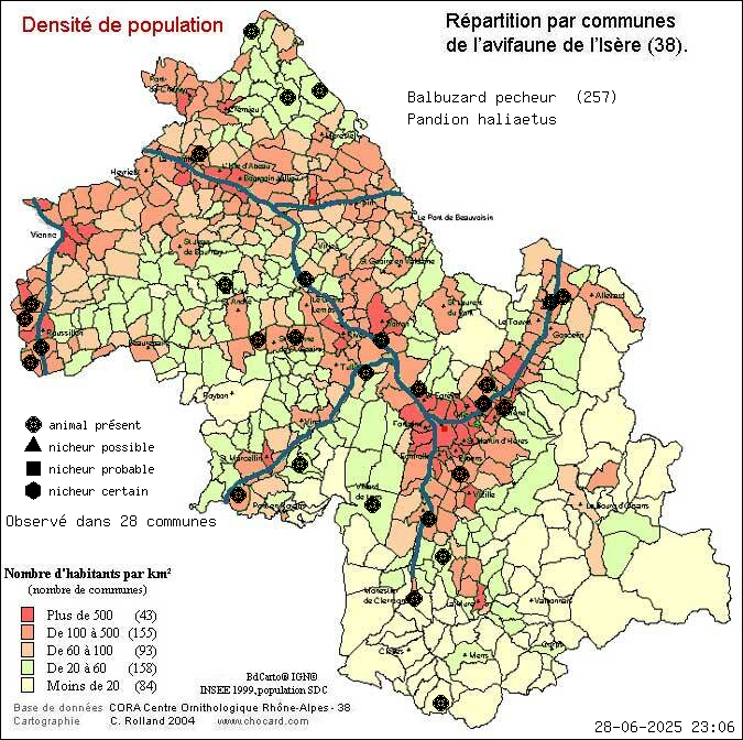 Carte de rpartition par communes en Isre d'une espce d'animal: Balbuzard pcheur (Pandion haliaetus) selon Densit de population