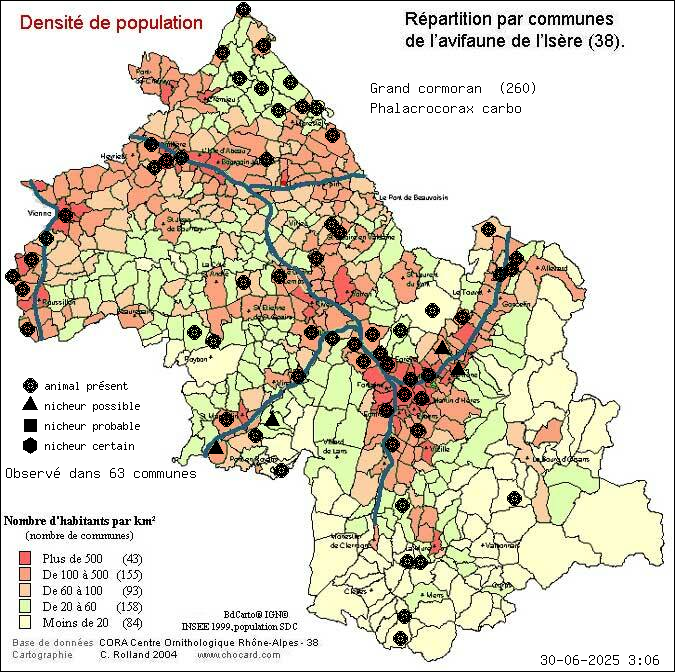 Grand cormoran (Phalacrocorax carbo): carte de rpartition en Isre