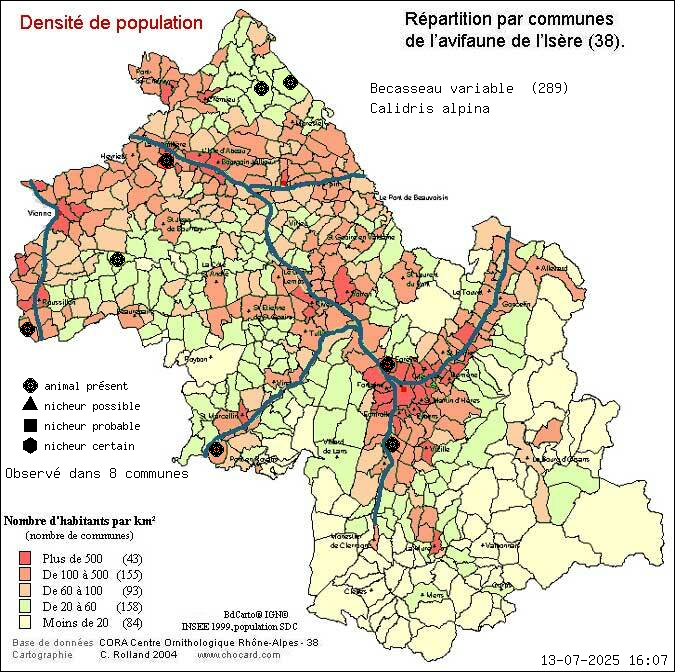 Carte de rpartition par communes en Isre d'une espce d'animal: Bcasseau variable (Calidris alpina) selon Densit de population