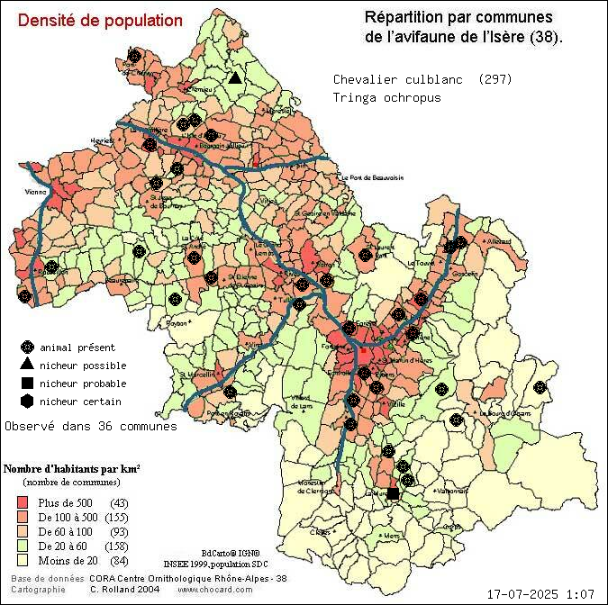 Chevalier culblanc (Tringa ochropus): carte de rpartition en Isre
