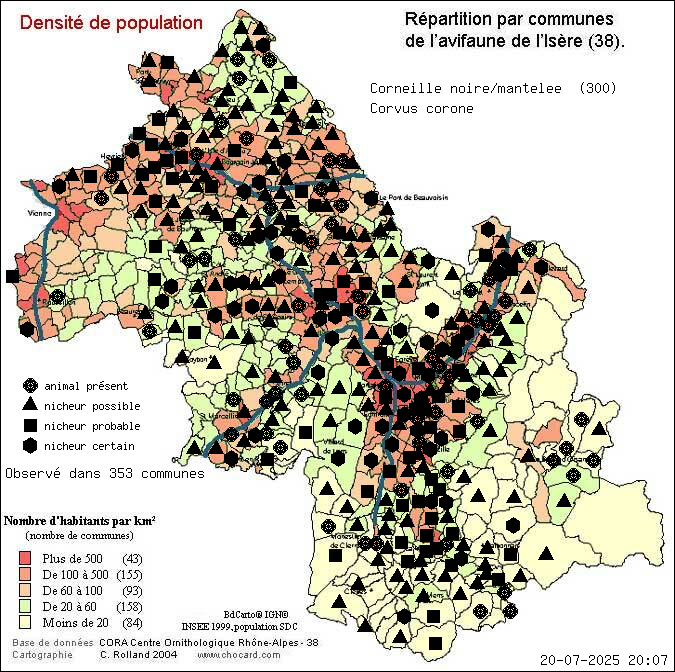 Corneille noire/mantele (Corvus corone): carte de rpartition en Isre