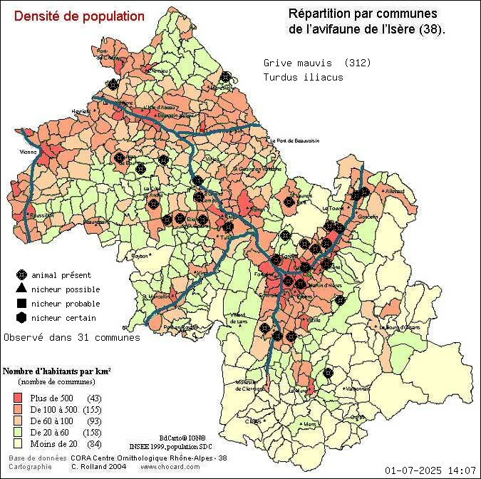 Grive mauvis (Turdus iliacus): carte de rpartition en Isre