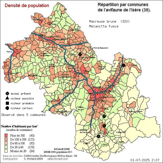 Macreuse brune (Melanitta fusca): carte de rpartition en Isre