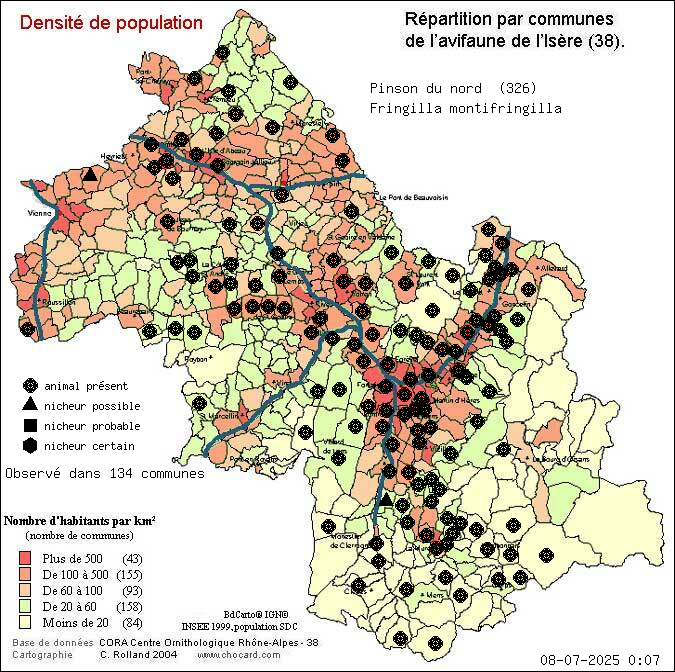 Carte de rpartition par communes en Isre d'une espce d'animal: Pinson du nord (Fringilla montifringilla) selon Densit de population