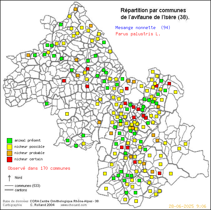 Carte de rpartition par communes en Isre d'une espce d'oiseau: Msange nonnette (Parus palustris L.) selon Communes et cantons