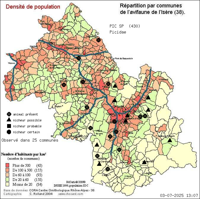 Carte de rpartition par communes en Isre d'une espce d'animal: PIC SP (Picidae) selon Densit de population