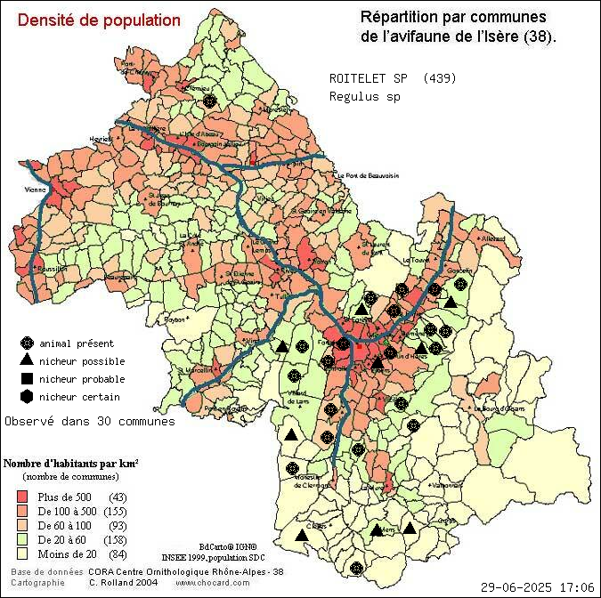 Carte de rpartition par communes en Isre d'une espce d'animal: ROITELET SP (Regulus sp) selon Densit de population