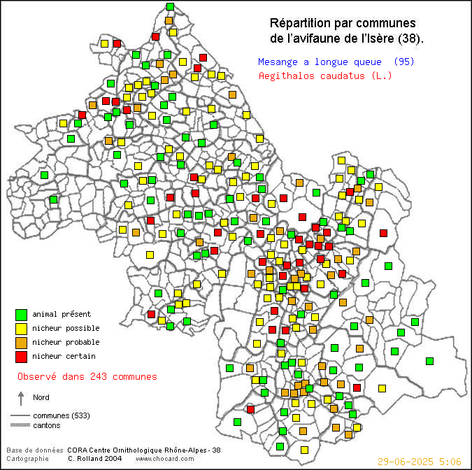 Msange  longue queue (Aegithalos caudatus (L.)): carte de rpartition en Isre