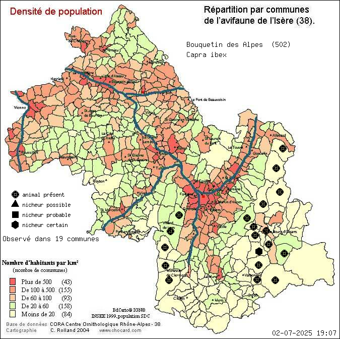 Carte de rpartition par communes en Isre d'une espce d'animal: Bouquetin des Alpes (Capra ibex) selon Densit de population