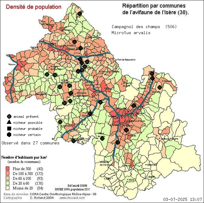 Carte de rpartition par communes en Isre d'une espce d'animal: Campagnol des champs (Microtus arvalis) selon Densit de population