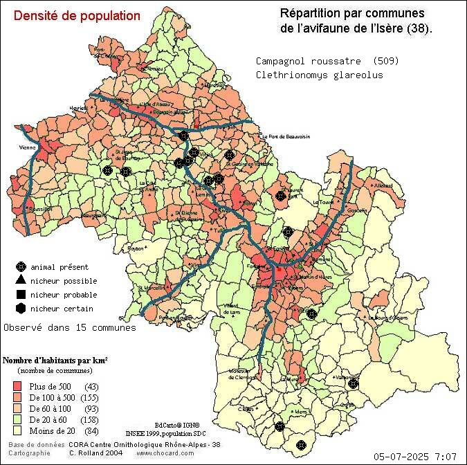 Carte de rpartition par communes en Isre d'une espce d'animal: Campagnol rousstre (Clethrionomys glareolus) selon Densit de population