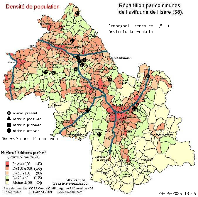 Carte de rpartition par communes en Isre d'une espce d'animal: Campagnol terrestre (Arvicola terrestris) selon Densit de population