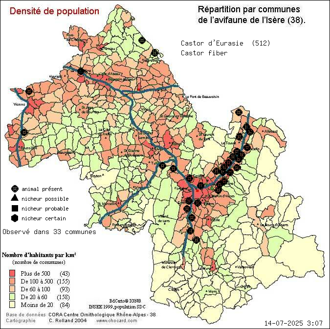 Carte de rpartition par communes en Isre d'une espce d'animal: Castor d Eurasie (Castor fiber) selon Densit de population