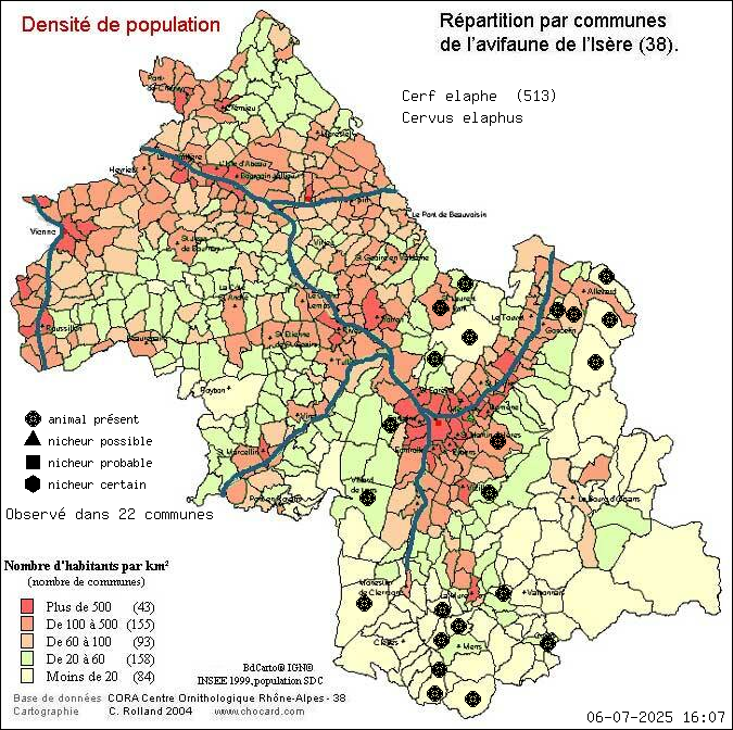 Carte de rpartition par communes en Isre d'une espce d'animal: Cerf laphe (Cervus elaphus) selon Densit de population