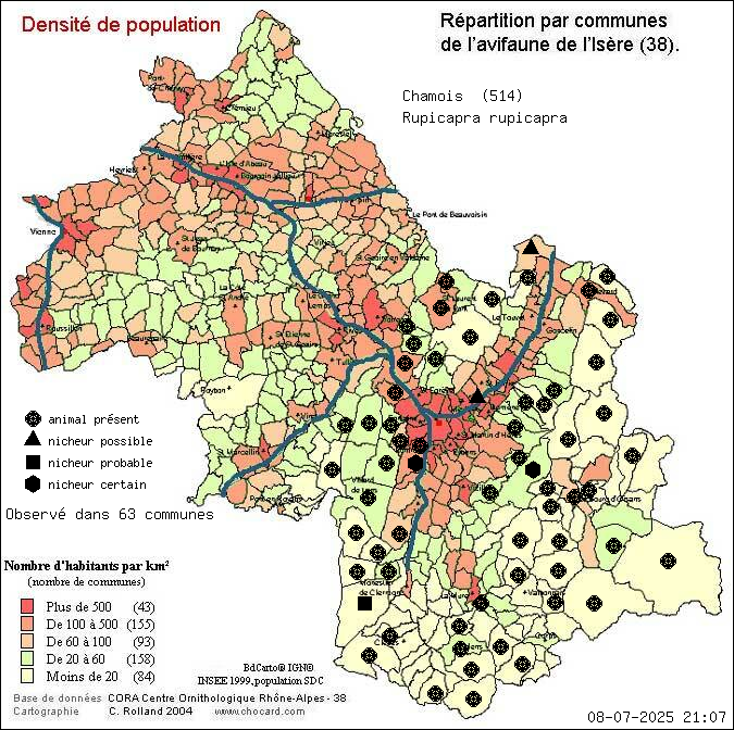 Carte de rpartition par communes en Isre d'une espce d'animal: Chamois (Rupicapra rupicapra) selon Densit de population