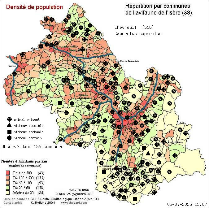 Carte de rpartition par communes en Isre d'une espce d'animal: Chevreuil (Capreolus capreolus) selon Densit de population