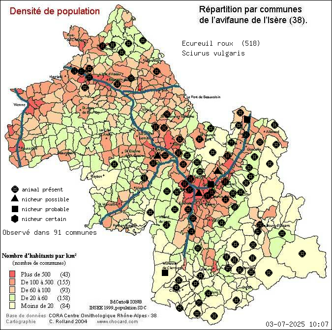 Carte de rpartition par communes en Isre d'une espce d'animal: Ecureuil roux (Sciurus vulgaris) selon Densit de population