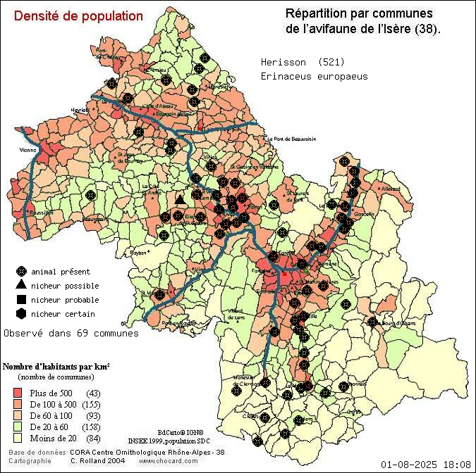 Carte de rpartition par communes en Isre d'une espce d'animal: Hrisson (Erinaceus europaeus) selon Densit de population