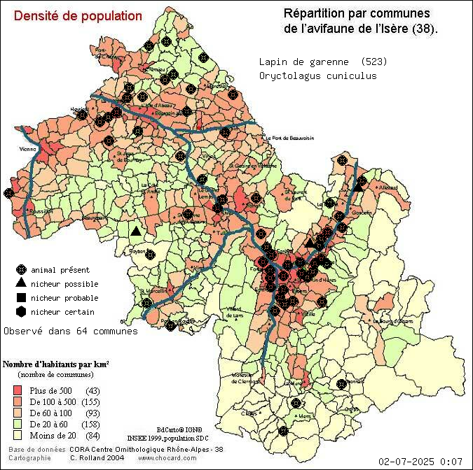 Carte de rpartition par communes en Isre d'une espce d'animal: Lapin de garenne (Oryctolagus cuniculus) selon Densit de population