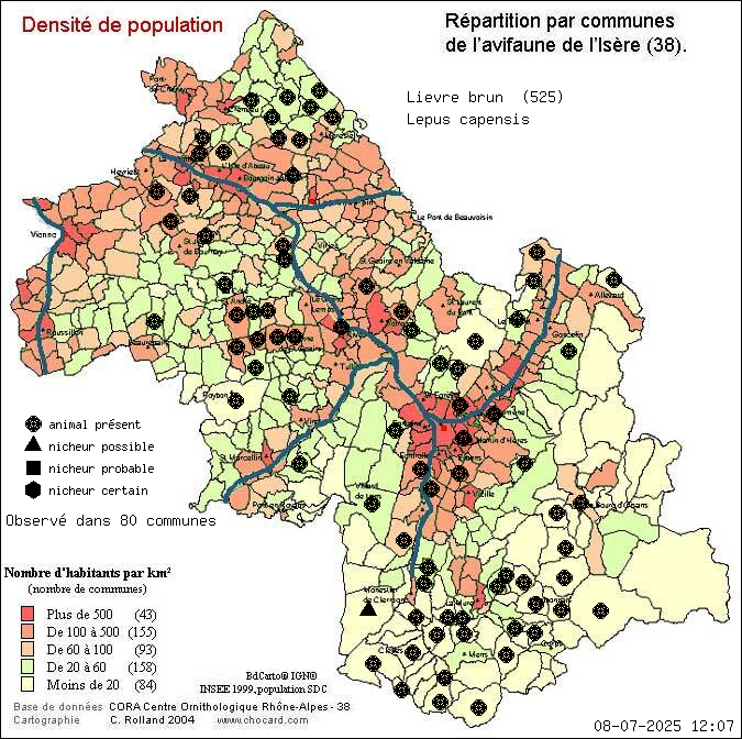 Carte de rpartition par communes en Isre d'une espce d'animal: Livre brun (Lepus capensis) selon Densit de population