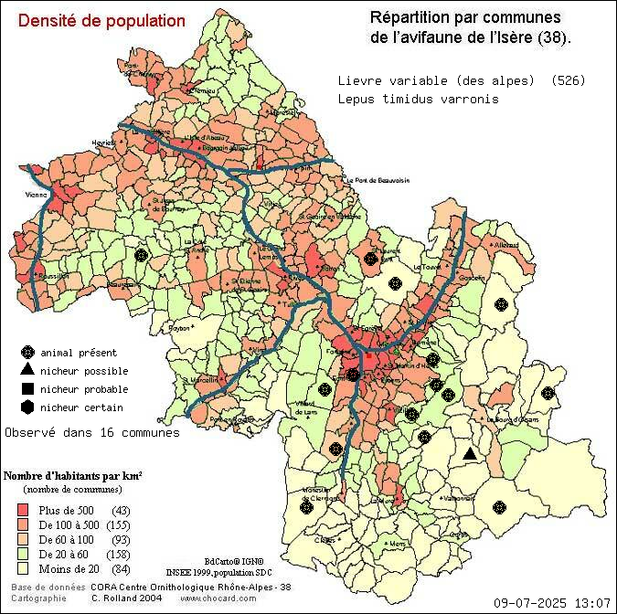 Carte de rpartition par communes en Isre d'une espce d'animal: Livre variable (des alpes) (Lepus timidus varronis) selon Densit de population