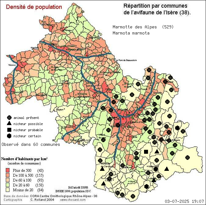 Carte de rpartition par communes en Isre d'une espce d'animal: Marmotte des Alpes (Marmota marmota) selon Densit de population