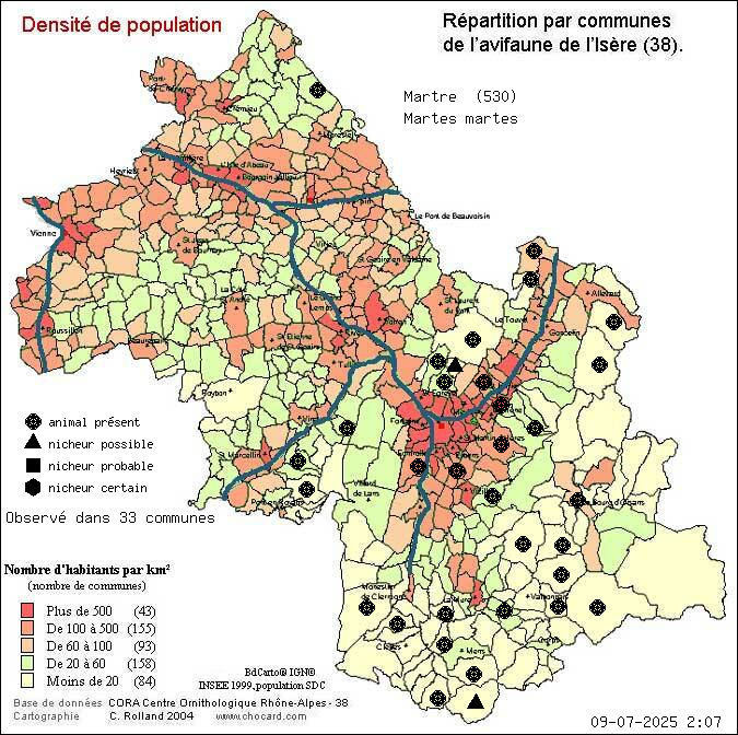 Carte de rpartition par communes en Isre d'une espce d'animal: Martre (Martes martes) selon Densit de population