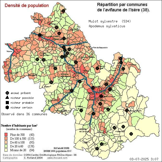 Carte de rpartition par communes en Isre d'une espce d'animal: Mulot sylvestre (Apodemus sylvaticus) selon Densit de population