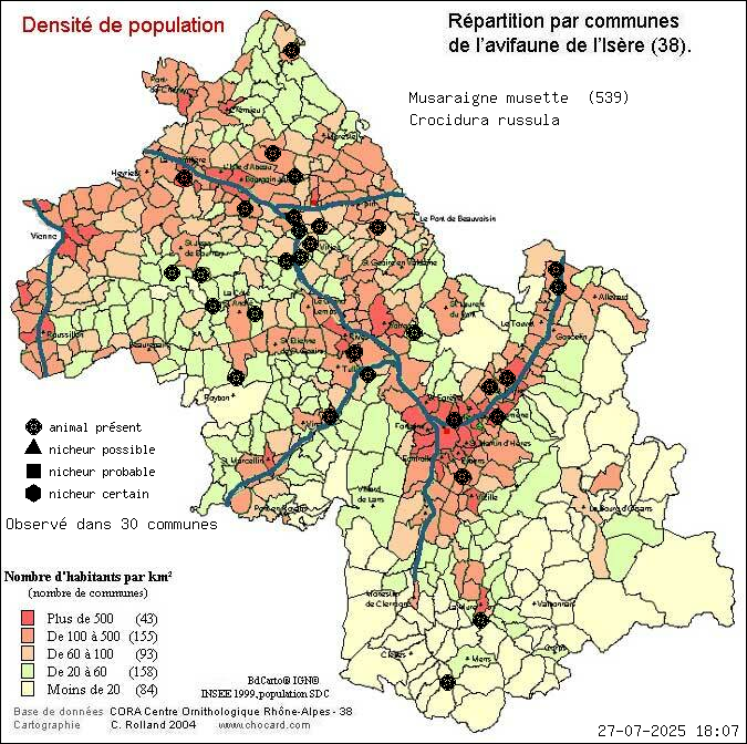 Carte de rpartition par communes en Isre d'une espce d'animal: Musaraigne musette (Crocidura russula) selon Densit de population