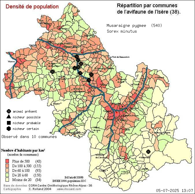 Carte de rpartition par communes en Isre d'une espce d'animal: Musaraigne pygme (Sorex minutus) selon Densit de population