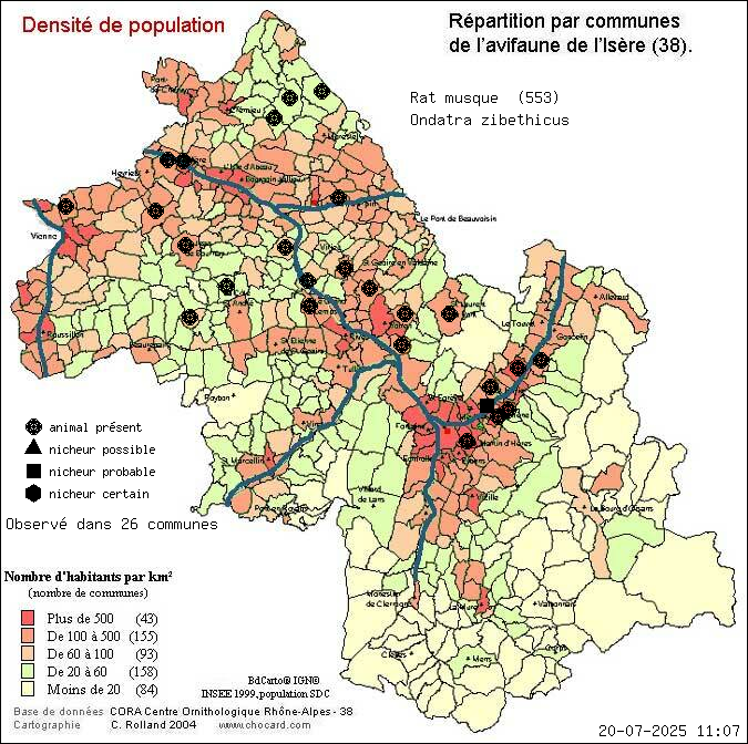 Rat musqu (Ondatra zibethicus): carte de rpartition en Isre