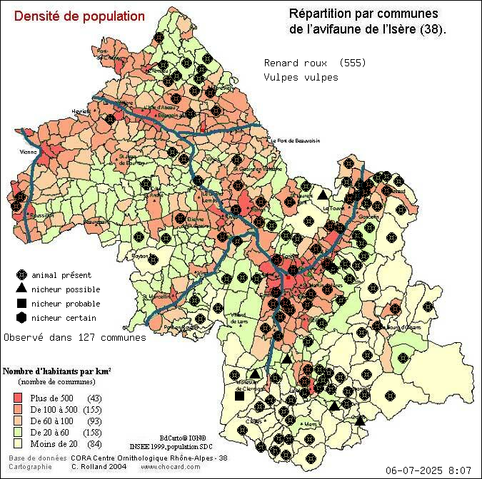 Carte de rpartition par communes en Isre d'une espce d'animal: Renard roux (Vulpes vulpes) selon Densit de population