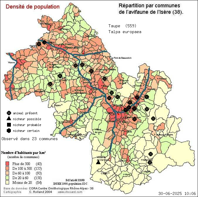 Carte de rpartition par communes en Isre d'une espce d'animal: Taupe (Talpa europaea) selon Densit de population