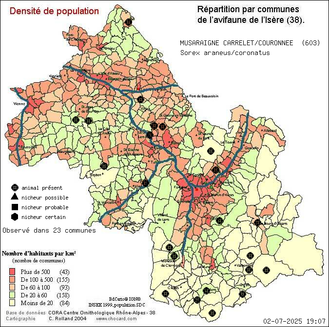 Carte de rpartition par communes en Isre d'une espce d'animal: MUSARAIGNE CARRELET/COURONNEE (Sorex araneus/coronatus) selon Densit de population