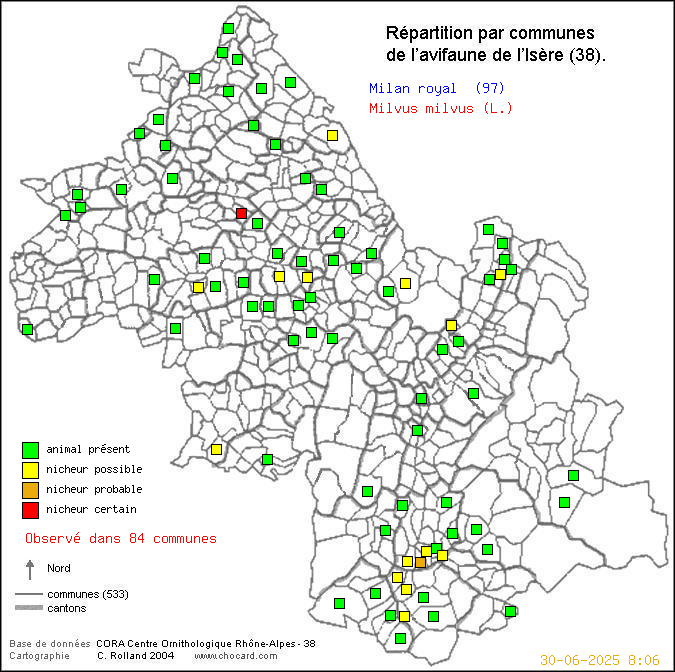 Milan royal (Milvus milvus (L.)): carte de rpartition en Isre