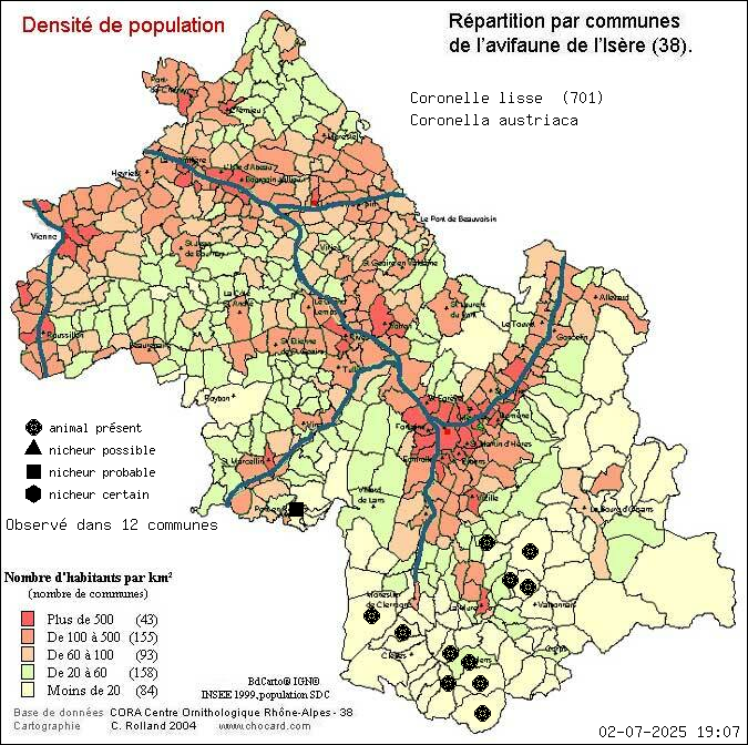 Carte de rpartition par communes en Isre d'une espce d'animal: Coronelle lisse (Coronella austriaca) selon Densit de population