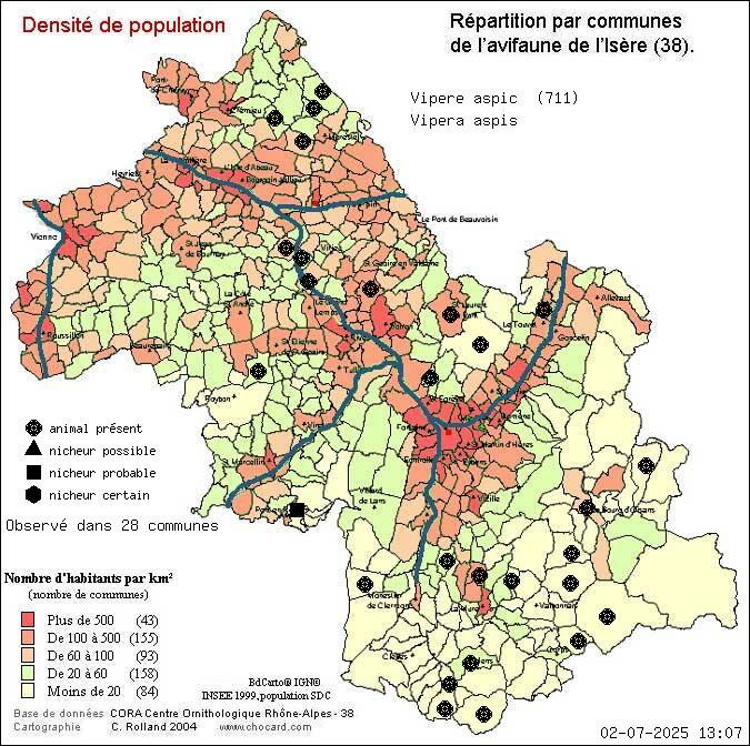 Carte de rpartition par communes en Isre d'une espce d'animal: Vipre aspic (Vipera aspis) selon Densit de population