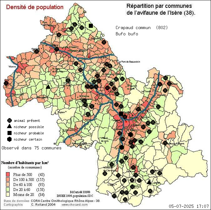 Carte de rpartition par communes en Isre d'une espce d'animal: Crapaud commun (Bufo bufo) selon Densit de population
