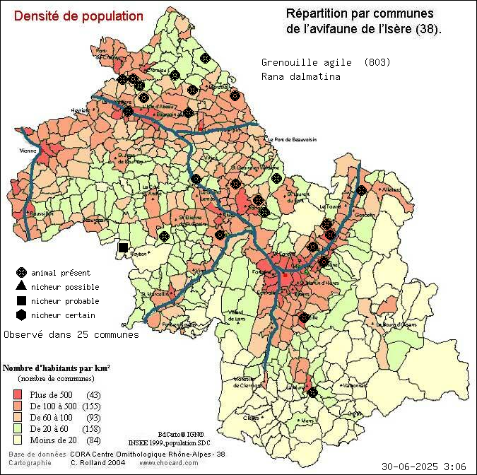 Carte de rpartition par communes en Isre d'une espce d'animal: Grenouille agile (Rana dalmatina) selon Densit de population