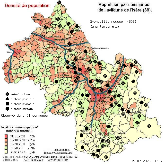 Carte de rpartition par communes en Isre d'une espce d'animal: Grenouille rousse (Rana temporaria) selon Densit de population