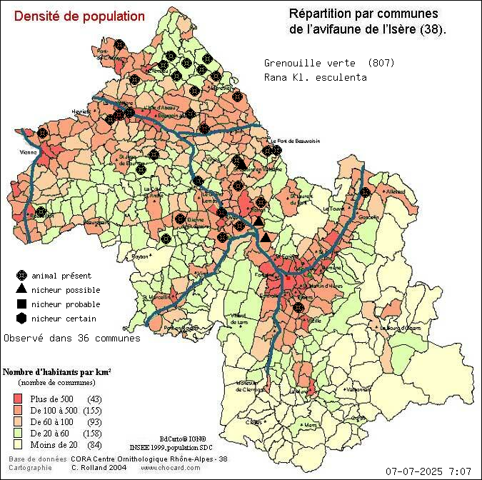 Carte de rpartition par communes en Isre d'une espce d'animal: Grenouille verte (Rana Kl. esculenta) selon Densit de population