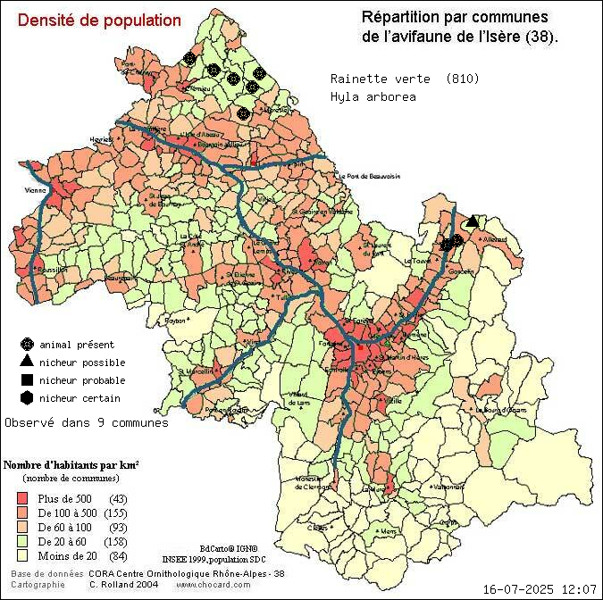 Carte de rpartition par communes en Isre d'une espce d'animal: Rainette verte (Hyla arborea) selon Densit de population