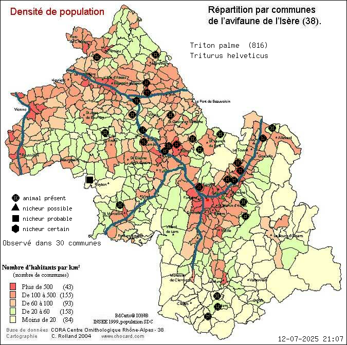 Triton palm (Triturus helveticus): carte de rpartition en Isre