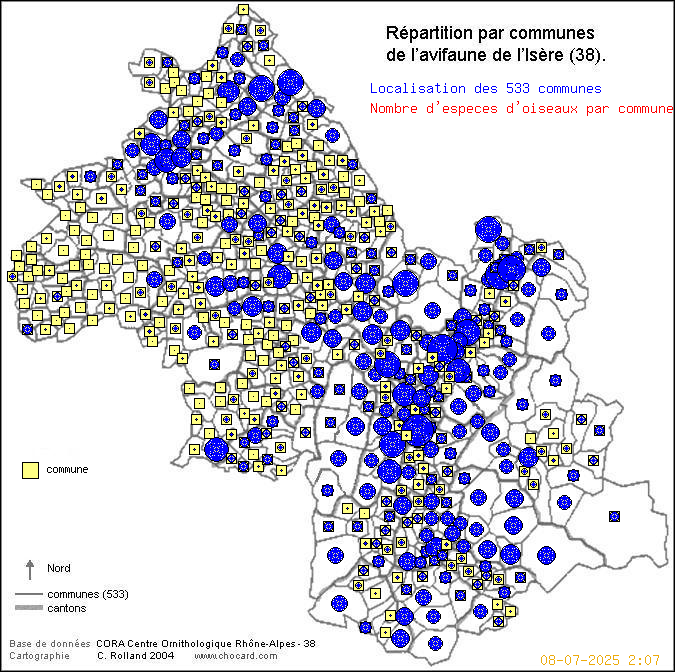 Carte des communes de l'Isre, originalit et richesse de l'avifaune