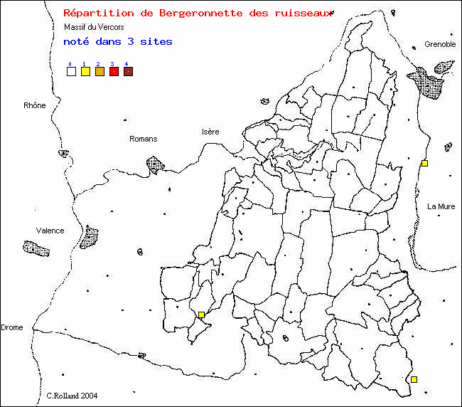 Carte de rpartition dans le Vercors (Isre et Drme) d'une espce d'oiseau: Bergeronnette des ruisseaux (Motacilla cinerea Tunst.)